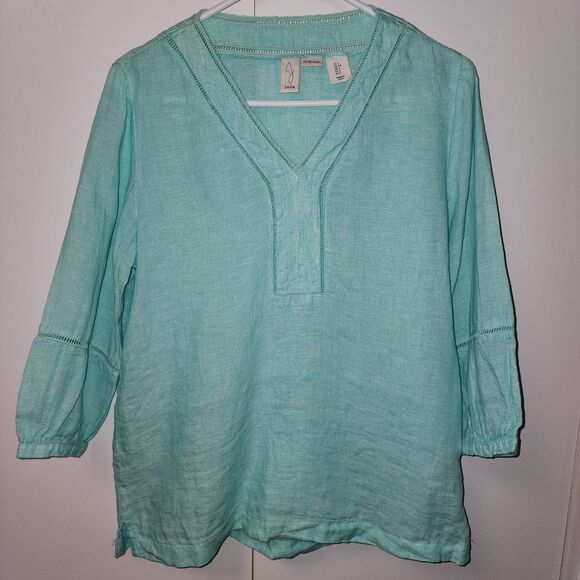 Joie 100% Linen 3/4 Sleeve V-Neck Aqua Pullover Womens Top Blouse Small Coastal - Picture 1 of 14